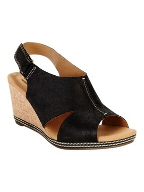 Clarks Nubuck Leather Velcro Slingback Open Toe Ortholite Black Tan Wedge 6.5